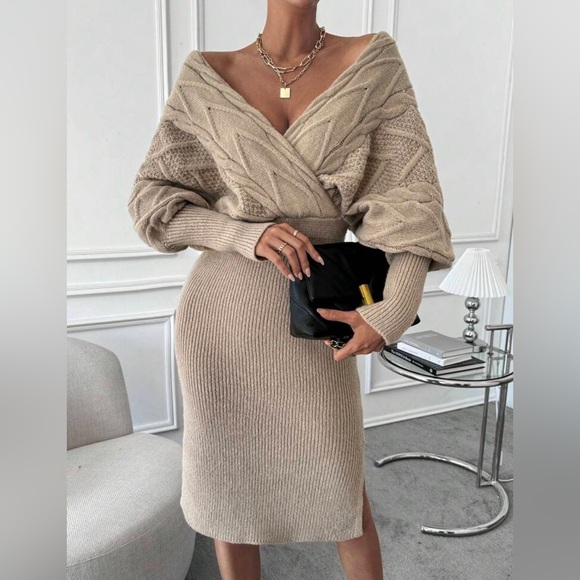 Classic Surplice Neck Batwing Sleeve Split Hem Cable Knit Bodice Sweater Dress - Picture 4 of 6